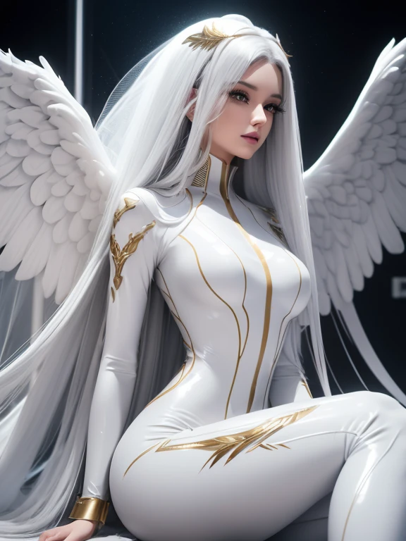 (best quality,8k:1.2,high resolution:1.2),ultra-detalhado,Realistic,female,long black curly hair,rosto extremamente detalhado,long eyelashes,big white angel wings,white latex catsuit with gold details,metalic accessories,Physically-based rendering,sharp focus,white neutral background