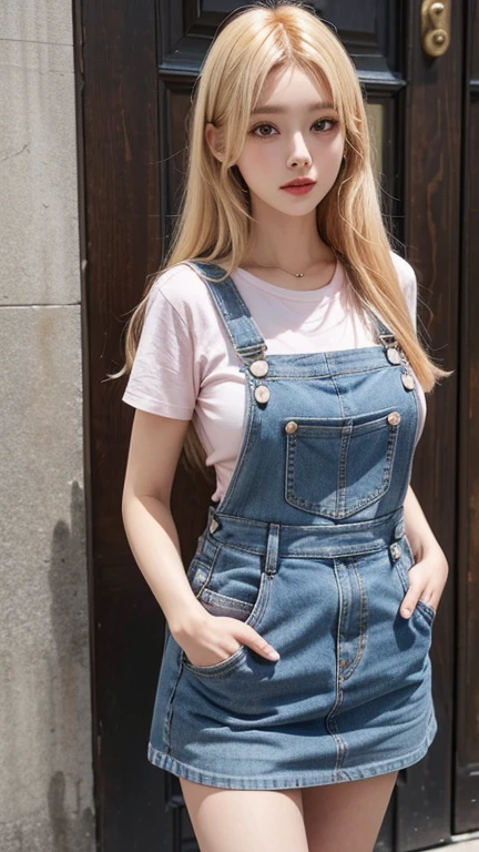dungarees skirt pink thin flower pattern , big breast , blonde hair