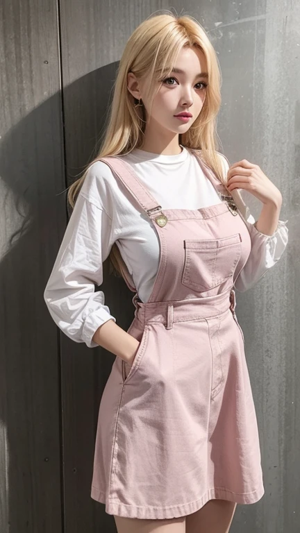 dungarees skirt pink thin flower pattern , big breast , blonde hair