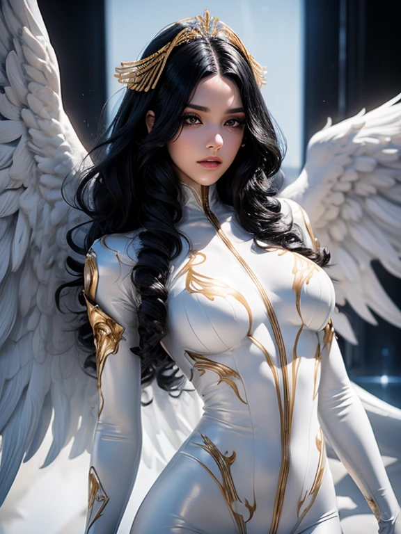 (best quality,8k:1.2,high resolution:1.2),ultra-detalhado,Realistic,female,long black curly hair,rosto extremamente detalhado,long eyelashes,big white angel wings,white latex catsuit with gold details,metalic accessories,Physically-based rendering,sharp focus,white neutral background