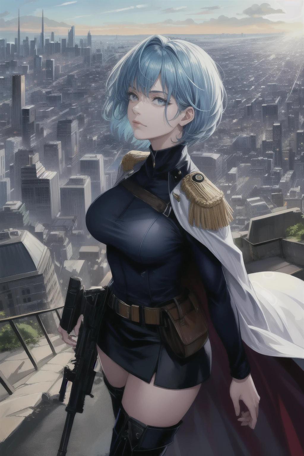 masterpiece,high resolution,detailed,masterpiece,(beautiful Background,detailed background), best quality,8k,1lady is mature woman,40yo ,(skinny:1.2),light blue hair,short hair.grey eyes, looking up, solo, black military uniform,_white cape, SS-Dienstrock Schwarz, dynamic pose, battle scene in background, sunshine, ,lips,realistic, (stink eye:0.5)ã cowboy shot, urban warfare,alley,machine guns, explosions, thigh_boots,Tight Skirt,the top of the hill,(Overlooking the cityscape:1.5)