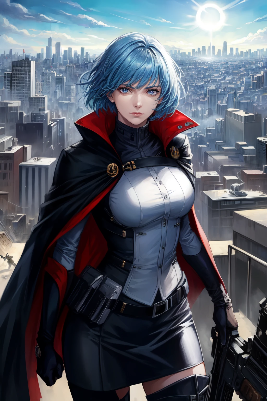 masterpiece,high resolution,detailed,masterpiece,(beautiful Background,detailed background), best quality,8k,1lady is mature woman,40yo ,(skinny:1.2),light blue hair,short hair.grey eyes, looking up, solo,  black military uniform,_white cape, SS-Dienstrock Schwarz, dynamic pose,  battle scene in background, sunshine, ,lips,realistic,  (stink eye:0.5)ã cowboy shot, urban warfare,alley,machine guns,  explosions,  thigh_boots,Tight Skirt,the top of the hill,(Overlooking the cityscape:1.5)