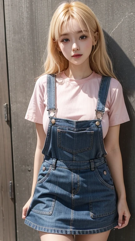dungarees skirt pink thin flower pattern , big breast , blonde hair