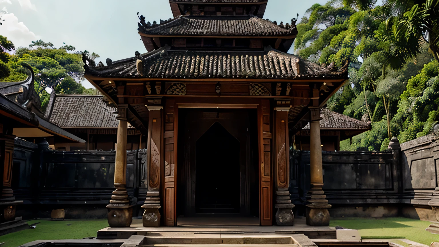 ancient Indonesian royal palace, Hindu temple style, gothic, mysterious afternoon sun, surrounded by tropical forests, realistic