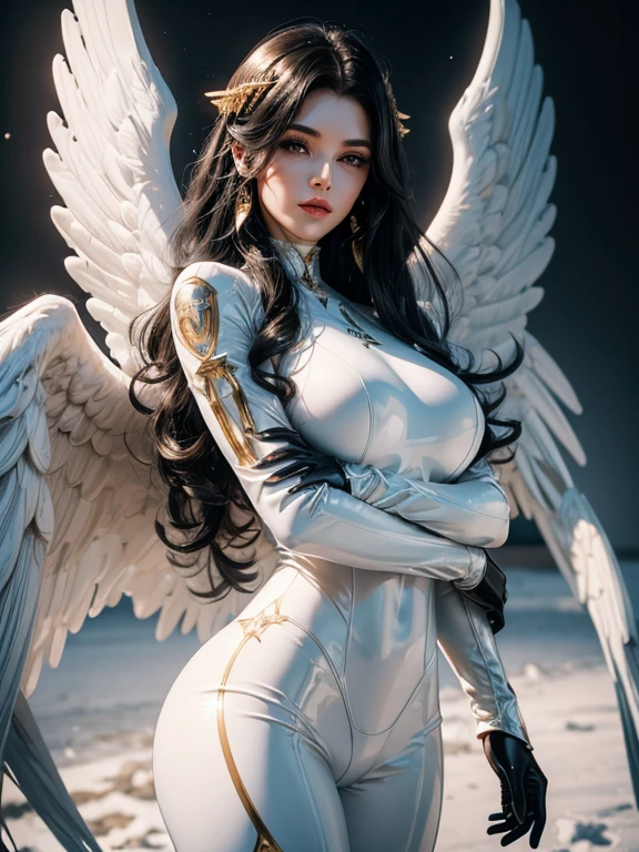 (best quality,8k:1.2,high resolution:1.2),ultra-detalhado,Realistic,female,long black curly hair,rosto extremamente detalhado,long eyelashes,big white angel wings,white latex catsuit with gold details,metalic accessories,Physically-based rendering,sharp focus,white neutral background