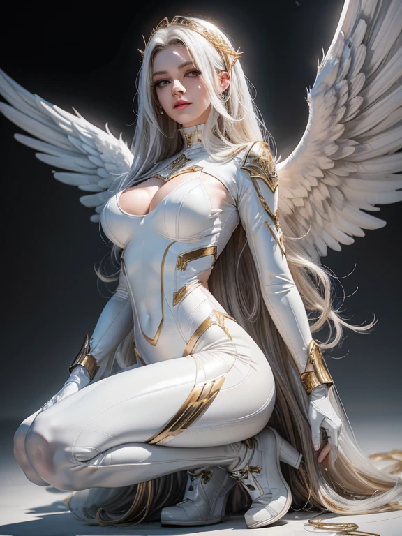 (best quality,8k:1.2,high resolution:1.2),ultra-detalhado,Realistic,female,long black curly hair,rosto extremamente detalhado,long eyelashes,big white angel wings,white latex catsuit with gold details,metalic accessories,Physically-based rendering,sharp focus,white neutral background