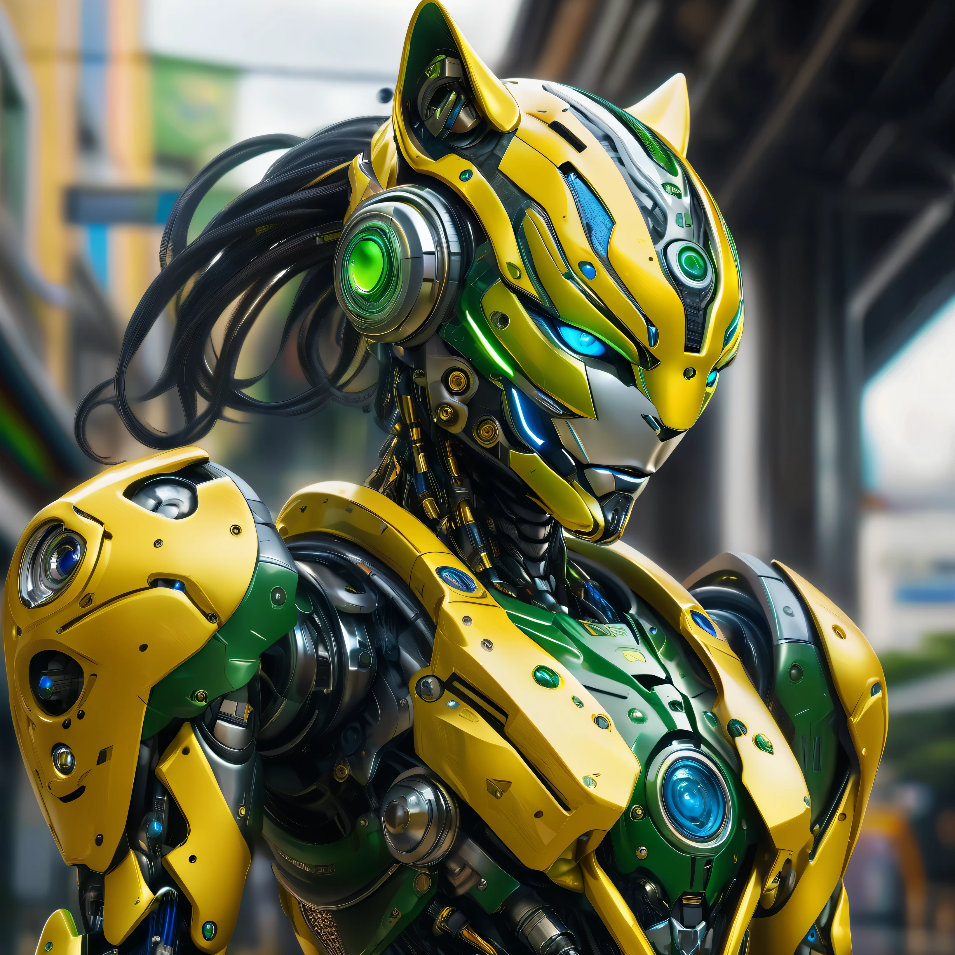 an ultra detailed, hiper realism, digital art, of a mecha jaguar, blue eyes, with in an elegant green and yellow cyborg armor with mechanic parts and cyborg helmet with the brazil flag on background photo , sci-fi armor, super detailed armor, carbon textures, ghost in the shell, deus ex, full body shot, action pose, ultra sharp focus, award winning photography, perfect contrast, high sharpness, depth of field, ultra detailed photography, global illumination, smooth, 18mm, full body vision, ultra high definition, 8k, unreal engine 5, ultra sharp focus, award winning photography, trending on artstation