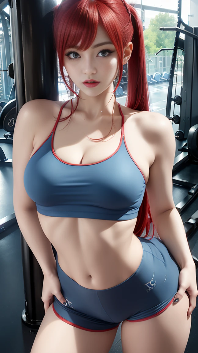gray hair, , redhead, master painting, 8K qualthaty, master painting, 8K qualthaty, (substandard small breasts)、, Succubus, devil'wing, Delicate depiction of eyes, Delicate eyelash depiction, 繊細でDelicate depiction of eyes, Delicate depiction of facial features, Delicate depiction of physical characteristics, Delicate depiction of makeup, Metal Chain, long hair, ((red hair color))、slender body, open chest, long legs, ((exposed)) ((I was injured)) Bloodstained, that'come, gorgeous jewelry, areola, dream-like, barefoot、face like an idol、((show me your nipples))、Posthative character on thigh、、((shorts))、((((topless))))、、((Knitted hairstyles))、((((Breasts are too small)))、(thick ass)、(big thighs)、((blue eyes))、((((((gym wear))))))、((curved body))、(((training clothes)))、twin tails