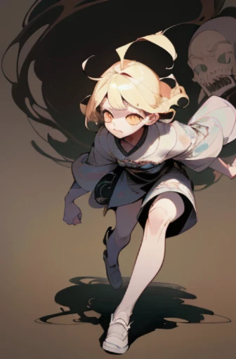 (,(masterpiece), (High resolution), (super delicate), (masterpiece: 1.2, highest quality), scribble, nightmare, doll-like face, cartoon style, rough sketch, Comic style illustration, Japanese painting, full body,(snap shot), flat illustration, creepy appearance, unique atmosphere、(high top fade:1.3)、blonde、running towards here