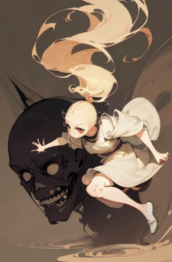 (,(masterpiece), (High resolution), (super delicate), (masterpiece: 1.2, highest quality), scribble, nightmare, doll-like face, cartoon style, rough sketch, Comic style illustration, Japanese painting, full body,(snap shot), flat illustration, creepy appearance, unique atmosphere、(high top fade:1.3)、blonde、running towards here