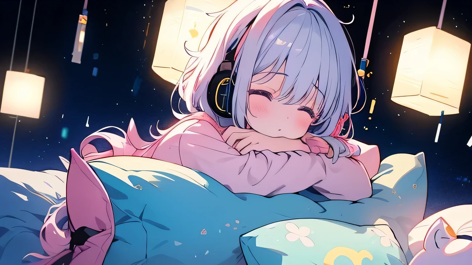 1girl , (((UwU))) , listening to music, close eyes, indoors, Canopy bed, Cushion , headphones , night