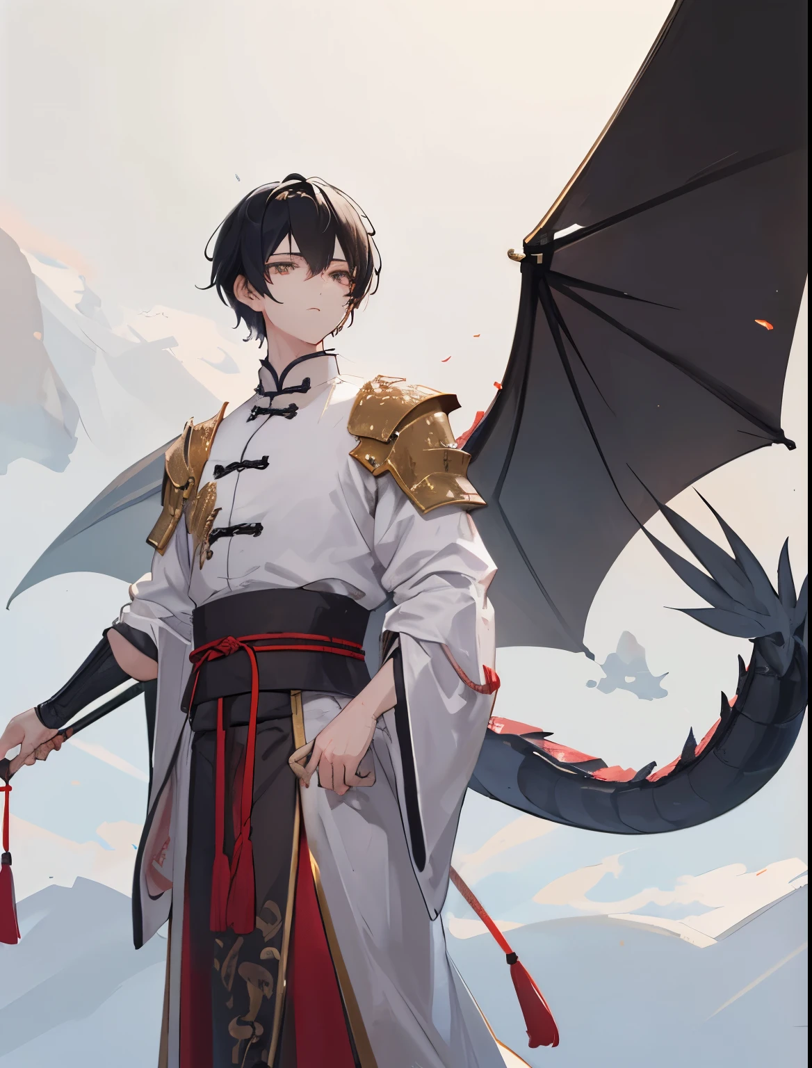 ((top quality, 8K, masterpiece: 1.3)), 2, Li Bai,(male),a boy,Turn sideways,man,male,short black hair,knight,knight,Ancient Swordsman,stand at attention,handsome face,light novel male protagonist,Strong body,Scattered bangs,(China costume: 1.2),Short black hair,(dragon horn),(dragon tail),长长的红黑色东方dragon tail,Alone,golden eyes,landscape scenery