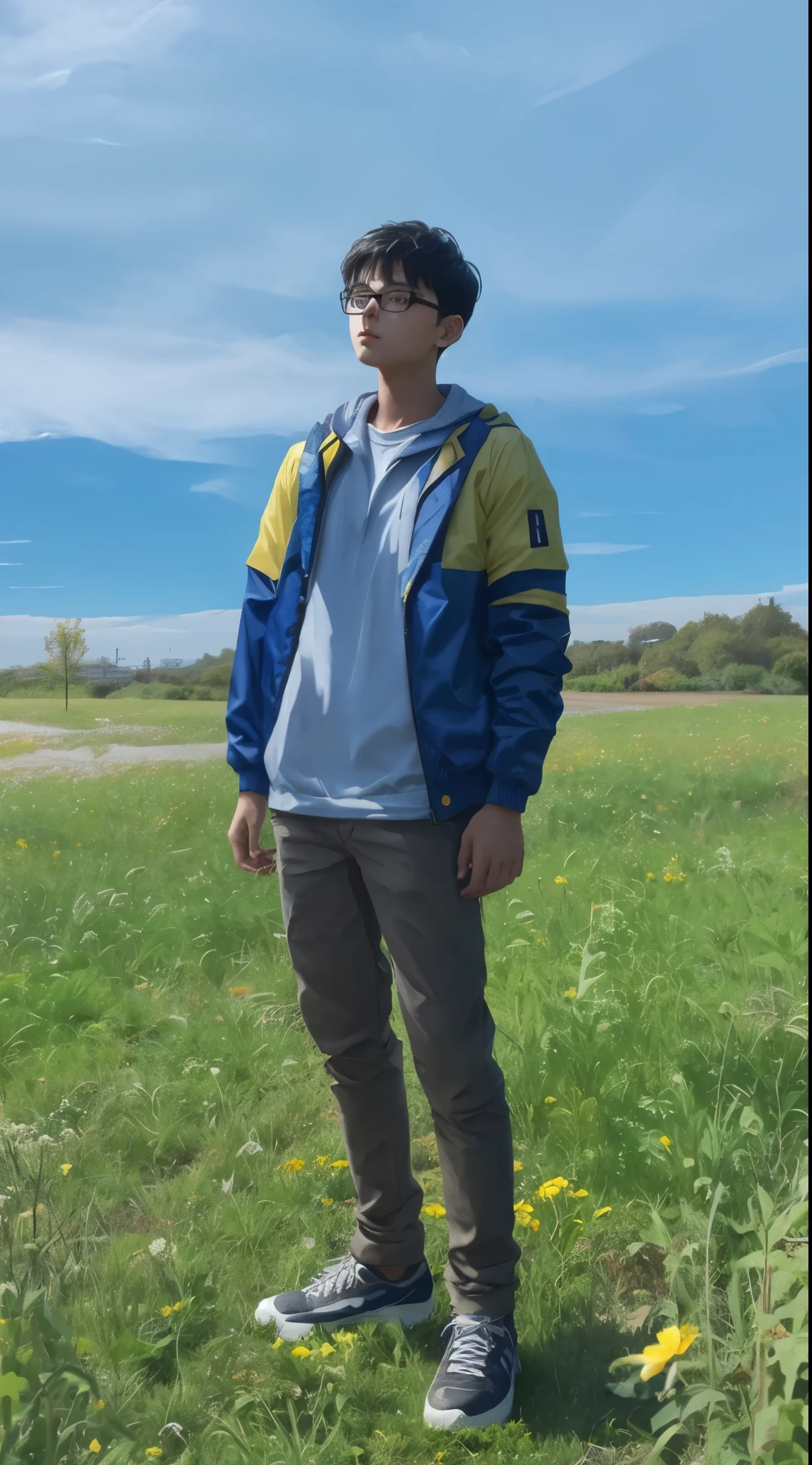 A boy with glasses wearing blue and yellow jacket