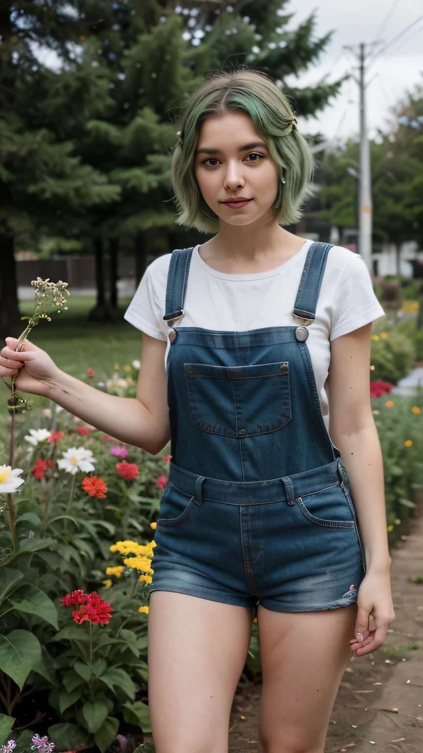 1girls, Nur, green Hair , 24 years old , Dressed in mini gardening overalls, posing among the flowers