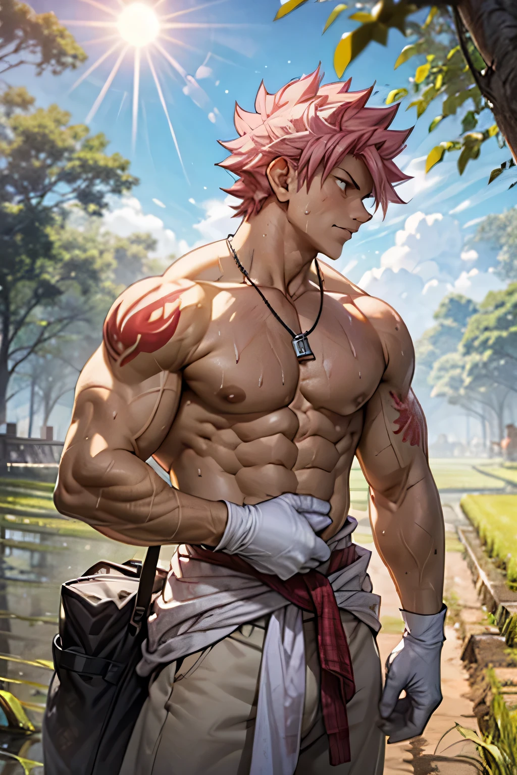 View of handsome Natsu Dragneel sowing rice seeds in a farmland of rice. His body is muscular and fit ripped, ((he is shirtless)) with muscular pecs and and. He is wearing a white cloth around his waist, white dirty gloves and a silver necklace. He is working hard in the field planting seeds . Side view of him planting rice seeds. He is working very hard and sweating profusely. The scene is of a rice farm with blue sky and bright sun visible. He has an expression of stress and his muscles are working hard as well. He has fiery pink hair just like Natsu Dragneel with a red tattoo on shoulder