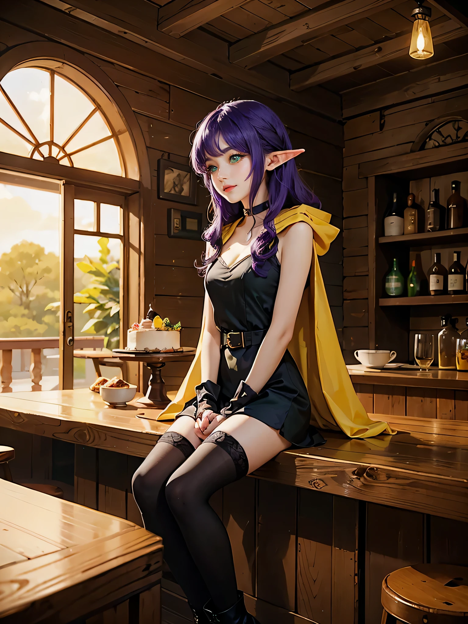 masterpiece, high quality, (1_women), (full body), ((sitting)), sitting at table, (exotic skin_complexion), mature, standing, tall, beautiful, exotic, with long elf ears, ((looking away from the camera)), smiling, ((hands together)), hands in front, wearing (((yellow))) hooded cloak), hood down, yellow cloak, blue broach, sleeveless, black choker, (thigh highs) with purple embroidery, long fingerless leather gloves, ((small breast)), black dress, (bright purple hair), long hair, ((wavy hair)), realistic and detailed face having diamond shaped eyes, (((green eyes)), dark_eyeliner, long_eyelashes), natural dynamic lighting casts detailed shadows, knee high dark brown boots, at a tavern bar, rustic tavern, cake on bar counter, evening,