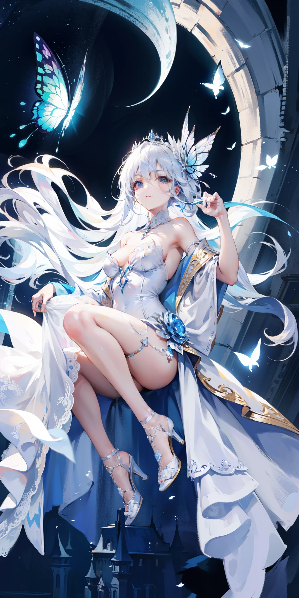 8k wallpaper,Detailed background,Highest resolution,silver hair,bandeau wedding dress,white wedding dress,tight,castle background,Princess,rosette,moonlight,Butterfly,The water is rippling,hair covering one eye,white high heels