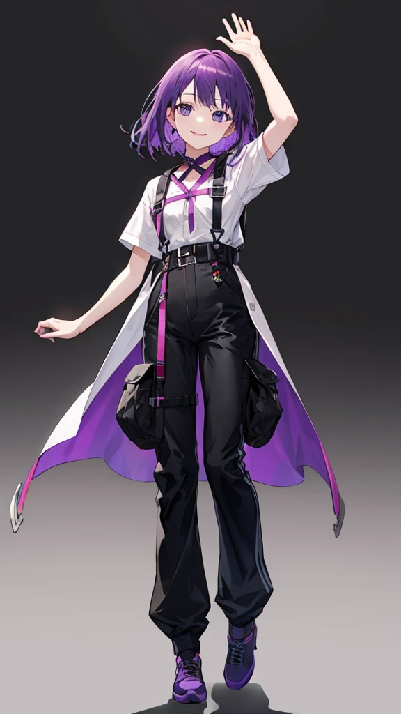 purple hair girl,medium hair,Harness,pants,simple background,smile,whole body,full body,full body,arm to the side,Standing picture,vtuber,front,from front,Viewer's perspective,視線をfrontに,