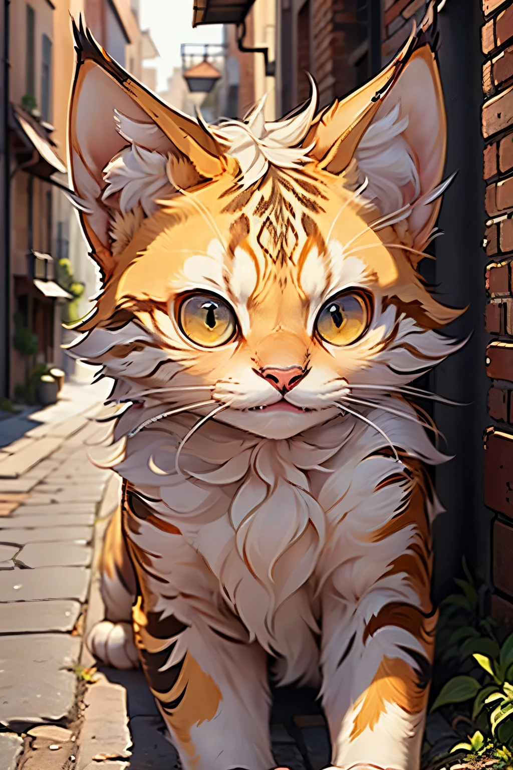 ((best quality)), ((masterpiece)), (detailed), perfect face A female werecat with beautiful white fur and golden slitted eyes, peering at you from an alleyway with her fangs bared with a hiss and her claws extended