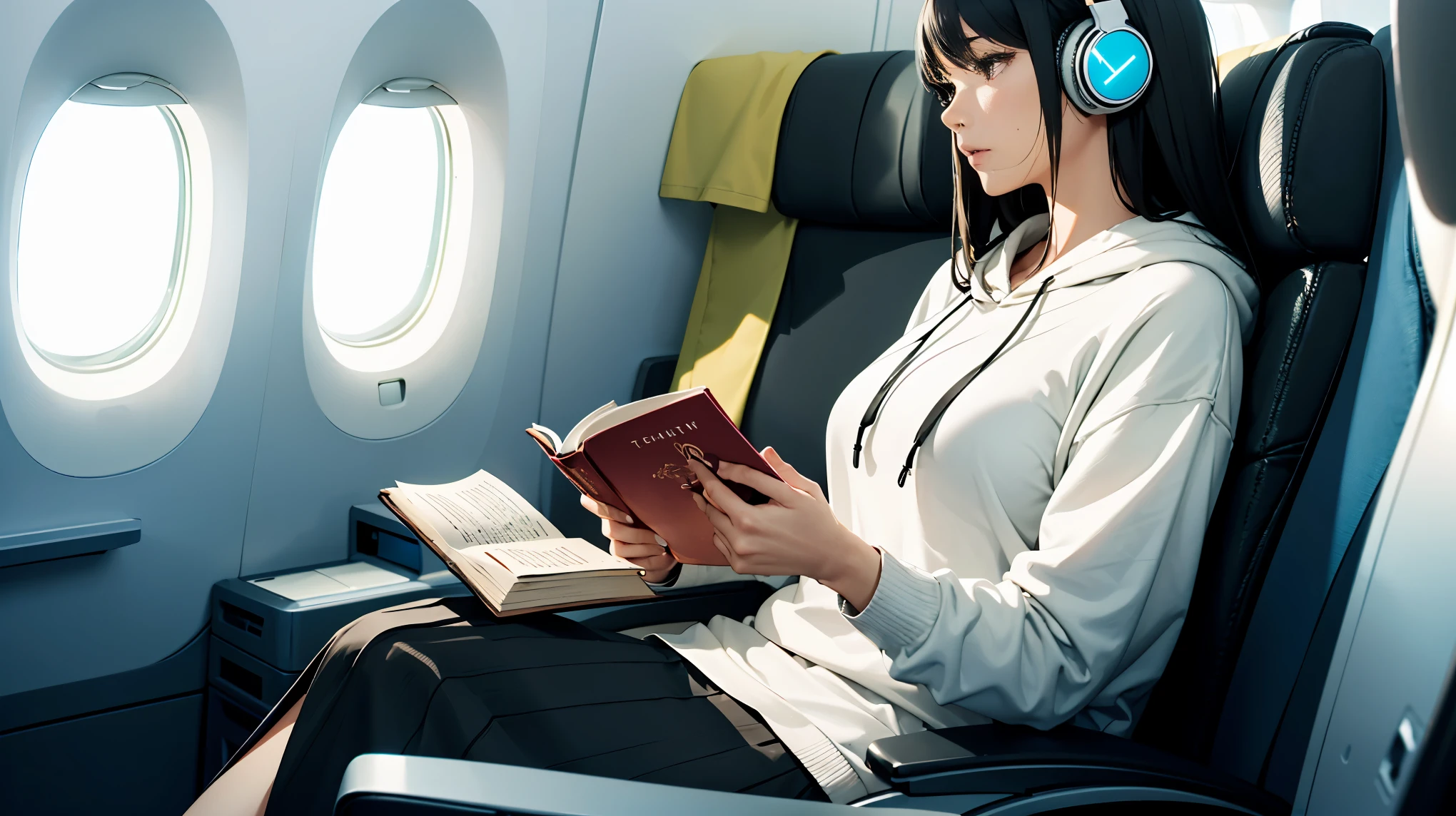 Cool woman, wearing white hoodie, long black hair, tight long skirt, on plane, sitting in seat, headphones, woman reading book, realistic,
