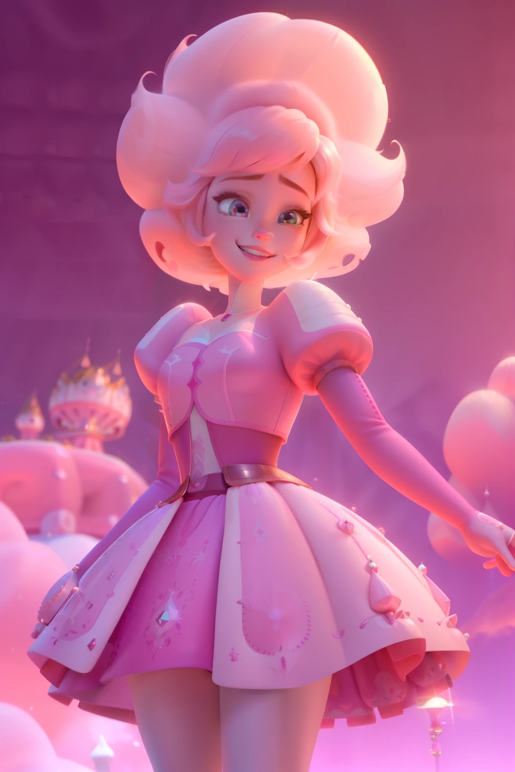 pnkdamond, pink hair, pink eyes,  big hair,  stomach gem,  pink skin,  toned, 
puffy short sleeves, elbow gloves ,  white thighhighs,   puffy dress, 
standing, upper body, 
 outerspace,  
(insanely detailed, beautiful detailed face,beautiful detailed eyes, masterpiece, best quality) cinematic lighting,  smile, 
 