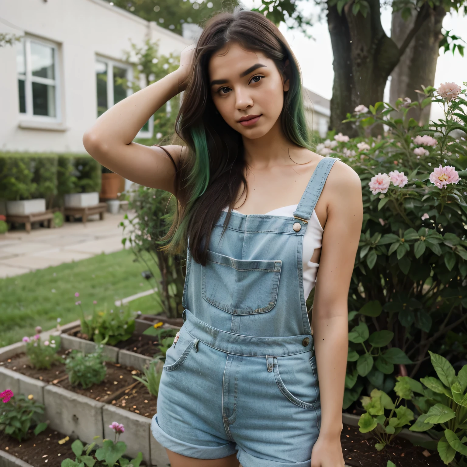 1girls, Nur, green Hair , 24 years old , Dressed in mini gardening overalls,  posing among the flowers