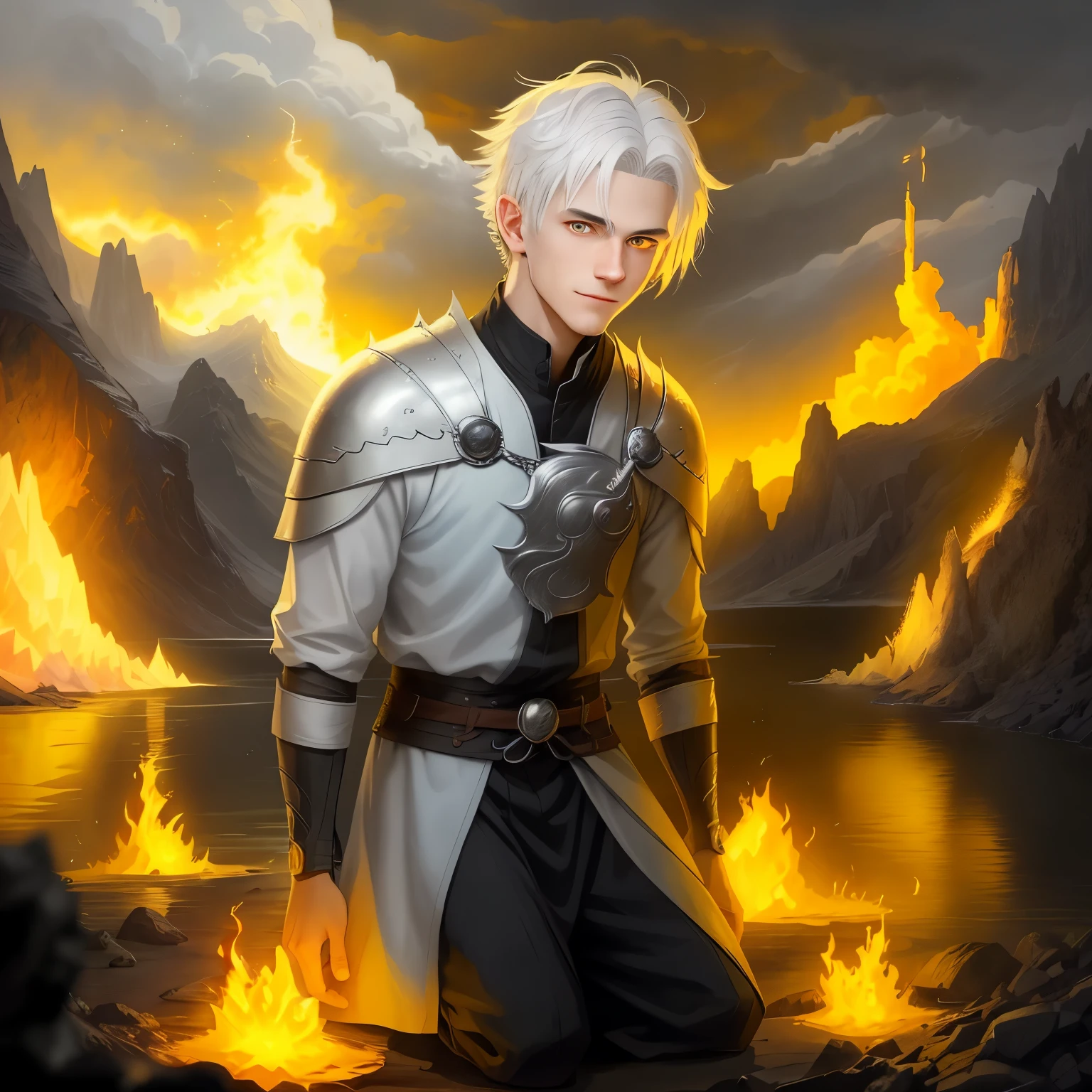 Photo of a guy with white hair and yellow eyes, High detail, Clarity, 8 cc, young guy, 18 years, light gray hair, short haircut, Yellow eyes, grin, fire crown, lava is everywhere, A huge cave, guy kneeling near the lake, realism, fantasy,