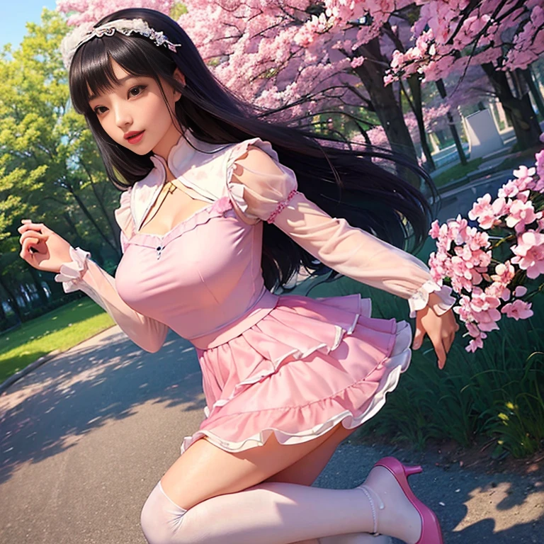 Young Asian woman, 23 years old. Busty. Double D cup,     only 1 female, ((doll-like appearance)), long neon pink stylish hair, ((shiny Victorian-Style boots)), beautiful smile, ultra detailed eyes, vivid eye makeup, lip gloss, long lashes, defined eyebrows, ((sexy Paradise Kiss cosplay)), bell-shaped skirt, petticoats, high neckline, puffed sleeves, (( ultra detailed lace)), ((ultra detailed embroidery)), intricate details,  choker, ((large sparkling Paradise Kiss)), cinematic light, detailed large park background with trees