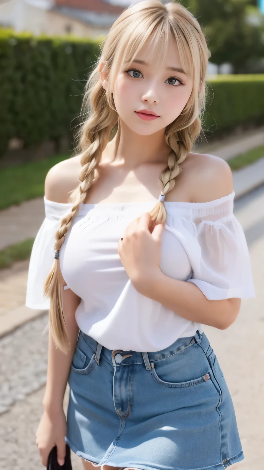 sexy big breasts、Sexy cute looks and cute  beautiful girl, Beautiful and sexy face、The strong wind blows the hair in front of my face、Blonde French braids with cute and sexy eyes hidden by long bangs、Off-the-shoulder t-shirt、Tulle miniskirt