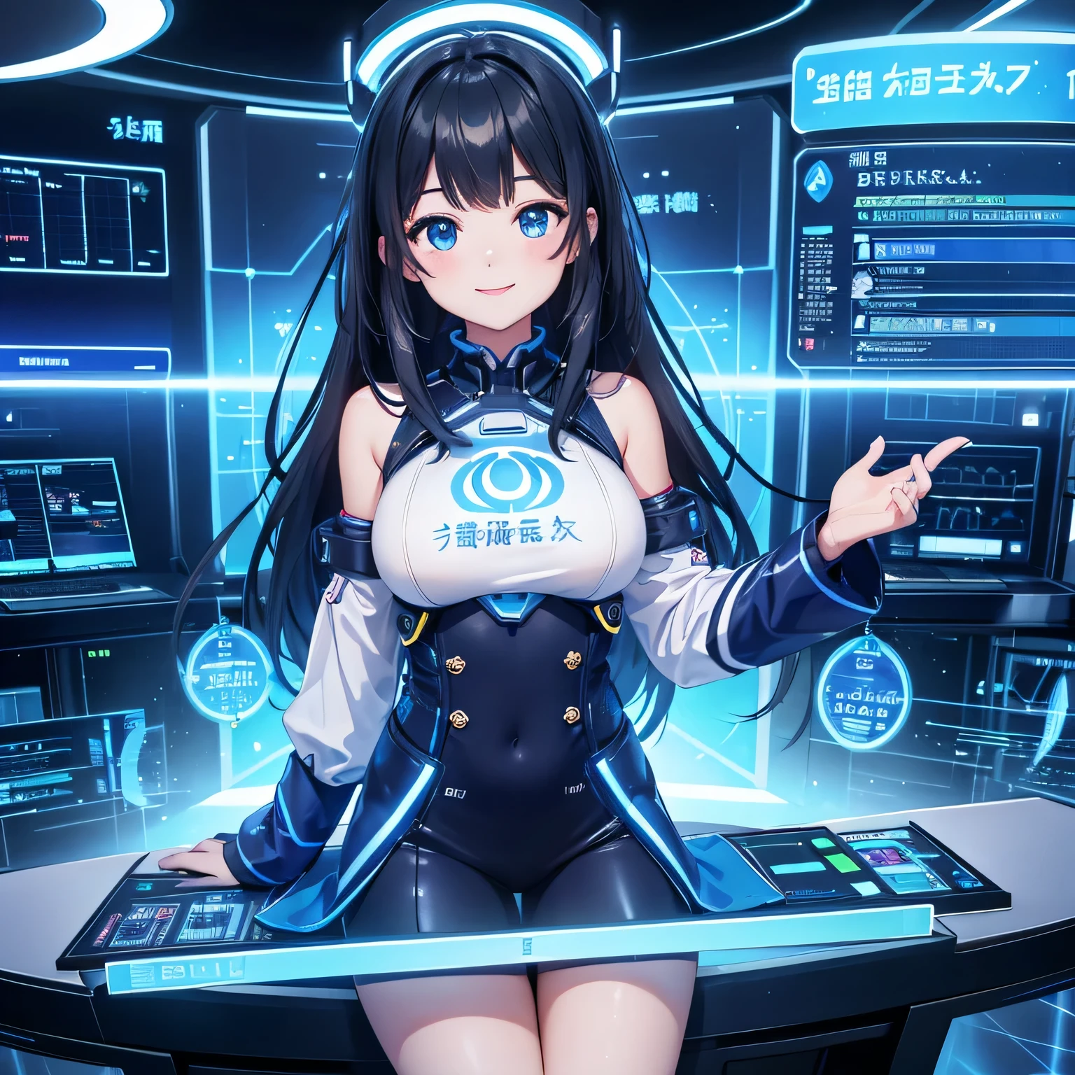 Beautiful smiling girl working in a futuristic control center。She was operating a holographic display that resembled a blue ball.、On that display「BASE」Information on virtual currency networks is flowing.。There is a blue light effect in the background.、Produce a sense of advanced technology。