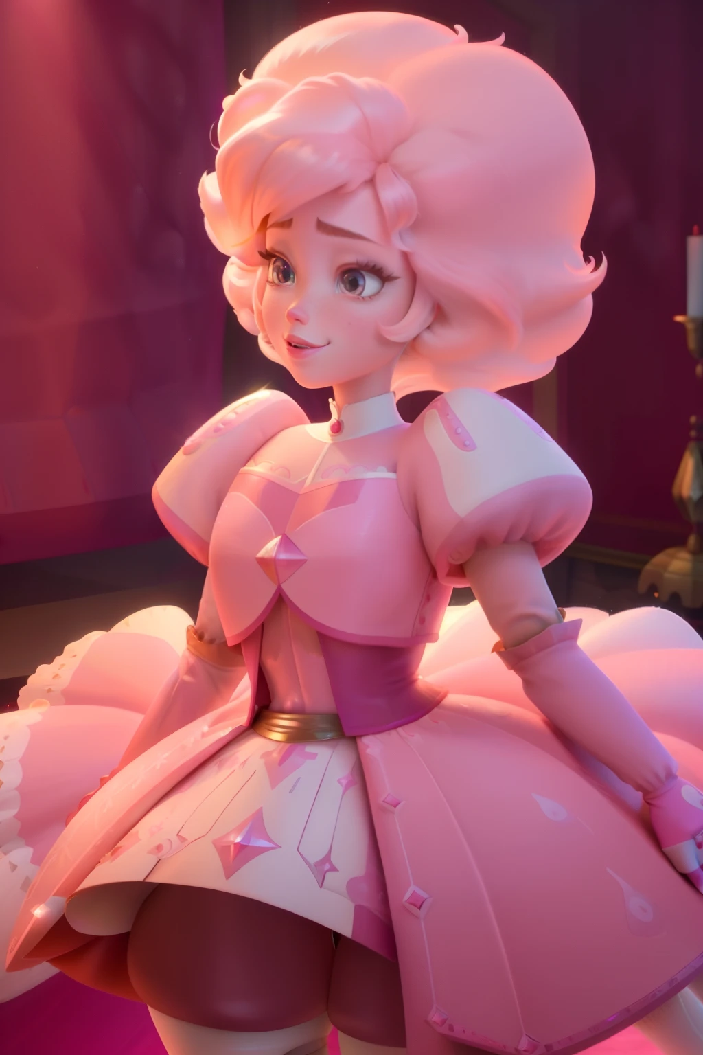 pnkdamond, pink hair, pink eyes, big hair, stomach gem, pink skin, toned,
puffy short sleeves, elbow gloves , white thighhighs, puffy dress,
standing, upper body,
outerspace,
(insanely detailed, beautiful detailed face,beautiful detailed eyes, masterpiece, best quality) cinematic lighting, smile,
