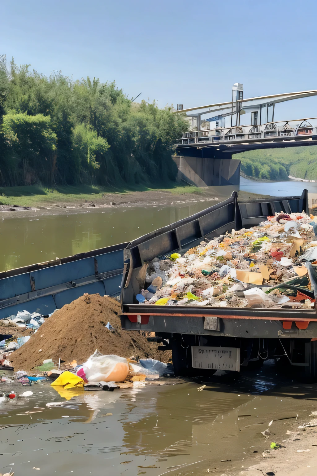 dump truck dumping a large amount of garbage into the river