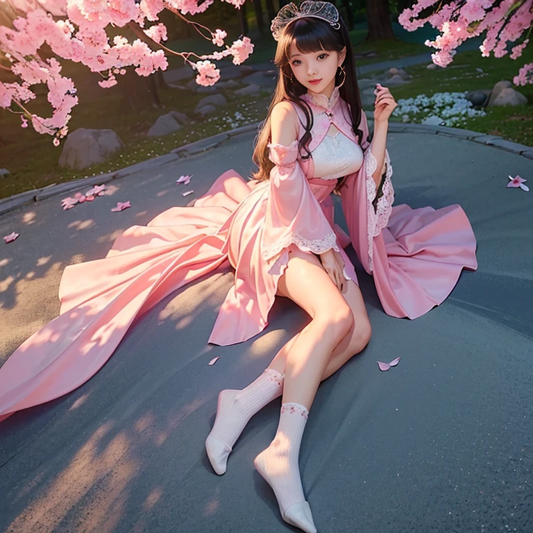 Proportional coordination，Lie in a lotus pond，Spread your legs to the sides，Exposes the at the base of the thigh，female genital，full bodyesbian，high-heels，(tmasterpiece：1.2，best qualtiy），realisticlying，（Real pictures，Complicated details，depth of fields），（1girll，独奏），highly details，（gigantic cleavage breasts：1.4），long whitr hair, blackigeyes, (((Beautiful woman spreading her legs in pink openwork off-the-shoulder wedding dress，Expose the genitals)))，Reveals a slender waist，There is a waistcoat line at the waist，weeping，aggrieved look