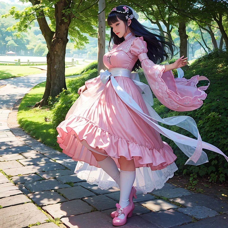 best quality, masterpiece, lifelike, 1 girl, alone, eternal, black hair, Long curly hair, blunt bangs, Smile, pink skirt, pink lolita dress, layered skirt, Lolita style long skirt,分層連衣裙 lace-trimmed 裙子, decorate, lace, long sleeve, puff sleeves, wide sleeves, Transparent sleeves, hair accessories, 在flower园里, flower, Detailed background, delicate face,pink blush,white及膝襪, Pink shoes,cold,Lots of lace,((masterpiece))、(top quality)、8K、high detail、super detailed、 21 years old female,穿着pink lolita dress((dreamy atmosphere:1.1))、Seductive and whimsical style、masterpiece、born、Scenes resembling fairy tale illustrations、intricate details展示了洛丽塔礼服的荷叶边和复杂的设计、capricious、 beautifully、Dream aesthetics、「𝓡𝓸𝓶𝓪𝓷𝓽𝓲𝓬、ethereal、charming、fickle、magic」、realism、Visual effects、FXAA、SSAO、shader、voiceless、environmental lighting、Tone mapping、High resolution、ultra high definition、megapixel、(8K resolution:1.10)、8K、8K resolution、high detail、intricate details、 (high quality:1.2、masterpiece:1.2、:1.21)、(21 years old female:1.21)、(興奮地Smile)、(Surrounded by the dreamy atmosphere of an amusement par色洛丽塔连衣裙、Her eyes were full of surprise and joy、I took a lot of geek photos、High heel、Model diagram,full-body shot,Knee-high white的 lace socks,Sweet Lolita,Normal 2 feet,Pink shoes,Baotou shoes,full-body shot,不要exposed你的手指,Emphasize the volume of the skirt,exposed,huge breasts,white,The skirt flew up,spread your legs,low cut,exposed,hair accessories,big skirt dress,If you shoot diagonally upward, you can see my underwear,standing