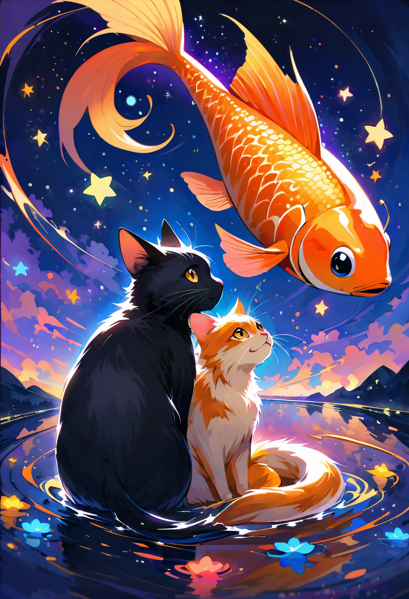 A black cat is sitting on the water, holding onto an elegant golden koi fish with glowing scales that glow in neon colors. The fish is flying above the cat. The background features a dark blue sky and stars, creating a dreamy atmosphere. This artwork was created using digital painting techniques to highlight intricate details of textures and lighting effects. It captures a magical moment when cats were interacting with the colorful glow from their happy pet goldfish under starry skies, in the style of magical realism. 