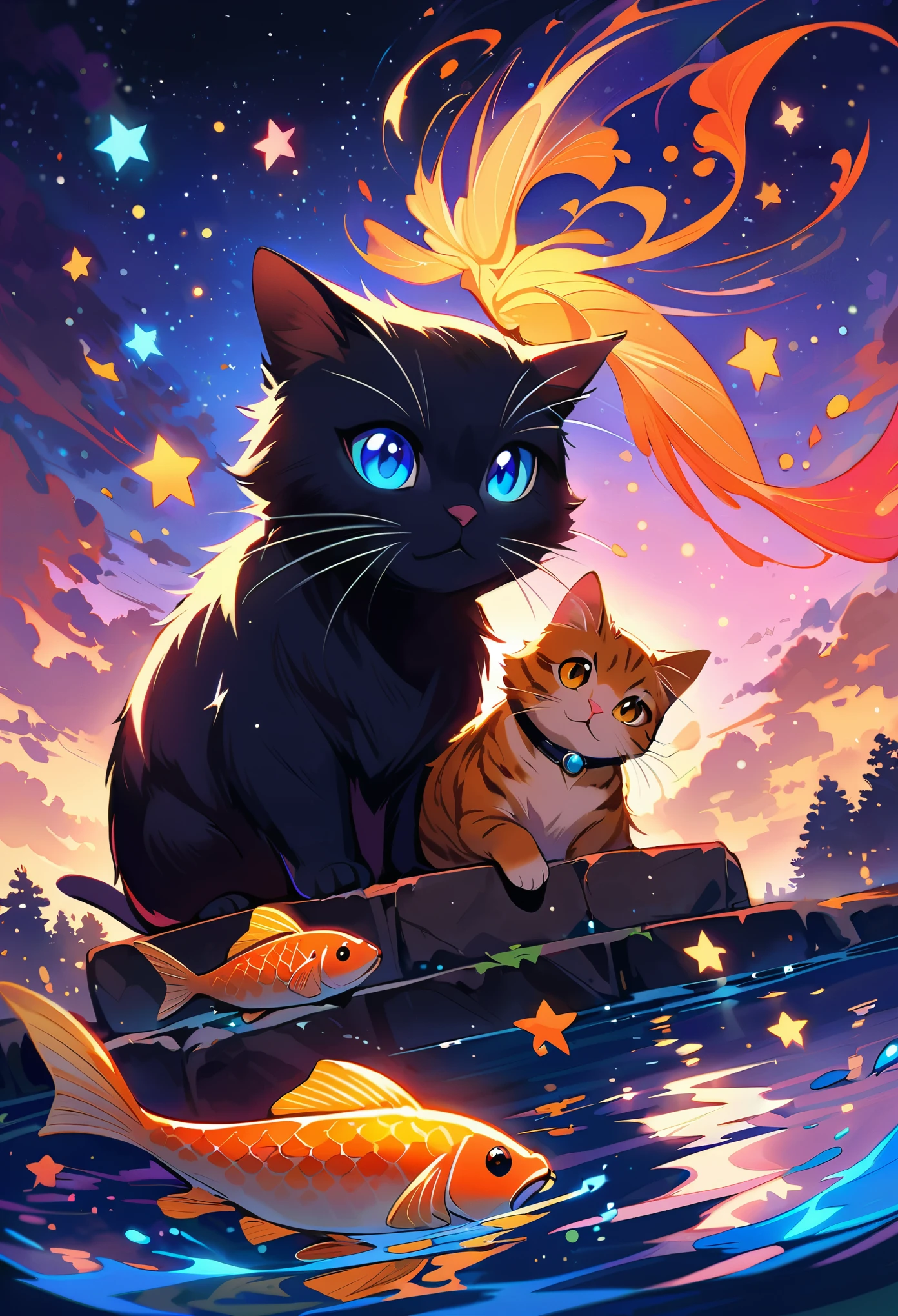 A black cat is sitting on the water, holding onto an elegant golden koi fish with glowing scales that glow in neon colors. The fish is flying above the cat. The background features a dark blue sky and stars, creating a dreamy atmosphere. This artwork was created using digital painting techniques to highlight intricate details of textures and lighting effects. It captures a magical moment when cats were interacting with the colorful glow from their happy pet goldfish under starry skies, in the style of magical realism.