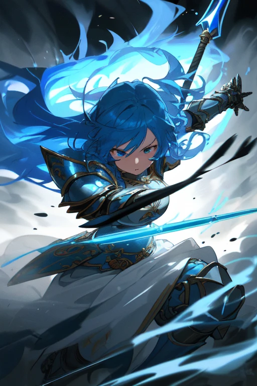 a girl with blue hair wielding a spear, (best quality, highres), intense eyes, determined expression, flowing hair in motion, detailed armor, vibrant colors, fantasy setting, dynamic pose, dramatic lighting