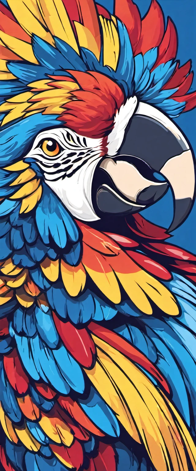 blue macaw flying head-on as if it were in the direction of the viewer with wings open with vector style using a maximum of 6 colors