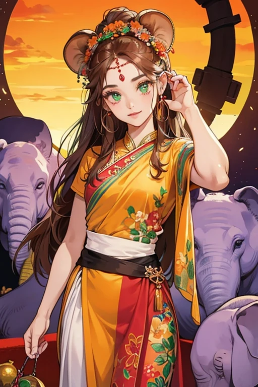 Elina is an orange elephant who wears a Red Aloha Shirt and has a purple flower in her hair. She has orange skin and brown hair and ears. She also has a red stone or circle on her forehead, known as a bindi, which is worn by many South Asian women, especially Hindus, for whom elephants are of great religious importance. The dot on her forehead is removed in localized versions of the game. Elina also appears to wear green eye shadow and heavy amounts of mascara. SPARKLE; GLITTER