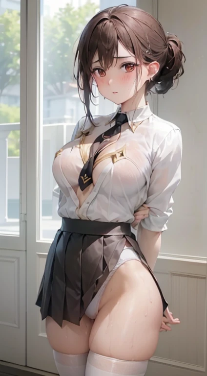 masterpiece, highest quality, High resolution,
hentai rope bondage, brown rope, shibari:1.5, traces of rope,
from the angle from below, looking at the viewer, look away,
one girl, alone, mature woman:1.5, short hair, bangs, black hair, beautiful face, Beautiful and detailed brown eyes,
beautiful body, big breasts, beautiful breasts, beautiful thighs, barefoot,
(Ahegao, embarrassing, I was scared, sweaty, drooling, Are crying, tremble, please open your mouth wide, make a loud noise, wet crotch), my feet get wet,
earrings, earrings, 乳首earrings, animal collar, collar lead,
(Are standing, walk), , , lean forward, , chest bondage, ((turn your arms behind your back:1.4), Crotch rope), arm shackles, , , ,
skirt, shirt, white y shirt, button removed, fluffy, cleavage, sticking out , difficult, pleated skirt, socks, black skirt, long sleeve, , black socks, dress shirt, sweaty, drenched, See-through, thin clothing, wind-in-the-wind skirt, lifting up skirt, crotch line, hip line, white underwear, panty shot, beautiful leg line, water droplets running down the legs, drenched lower body, wet waist, Excessive droplets in the crotch, Three-dimensional body parts, exposed underwear, realistic skin texture, focus on feet, kneel down, knees open, arcade, ((Move the panties with your fingers)), lighting from below, bitten panties,pink nipples、