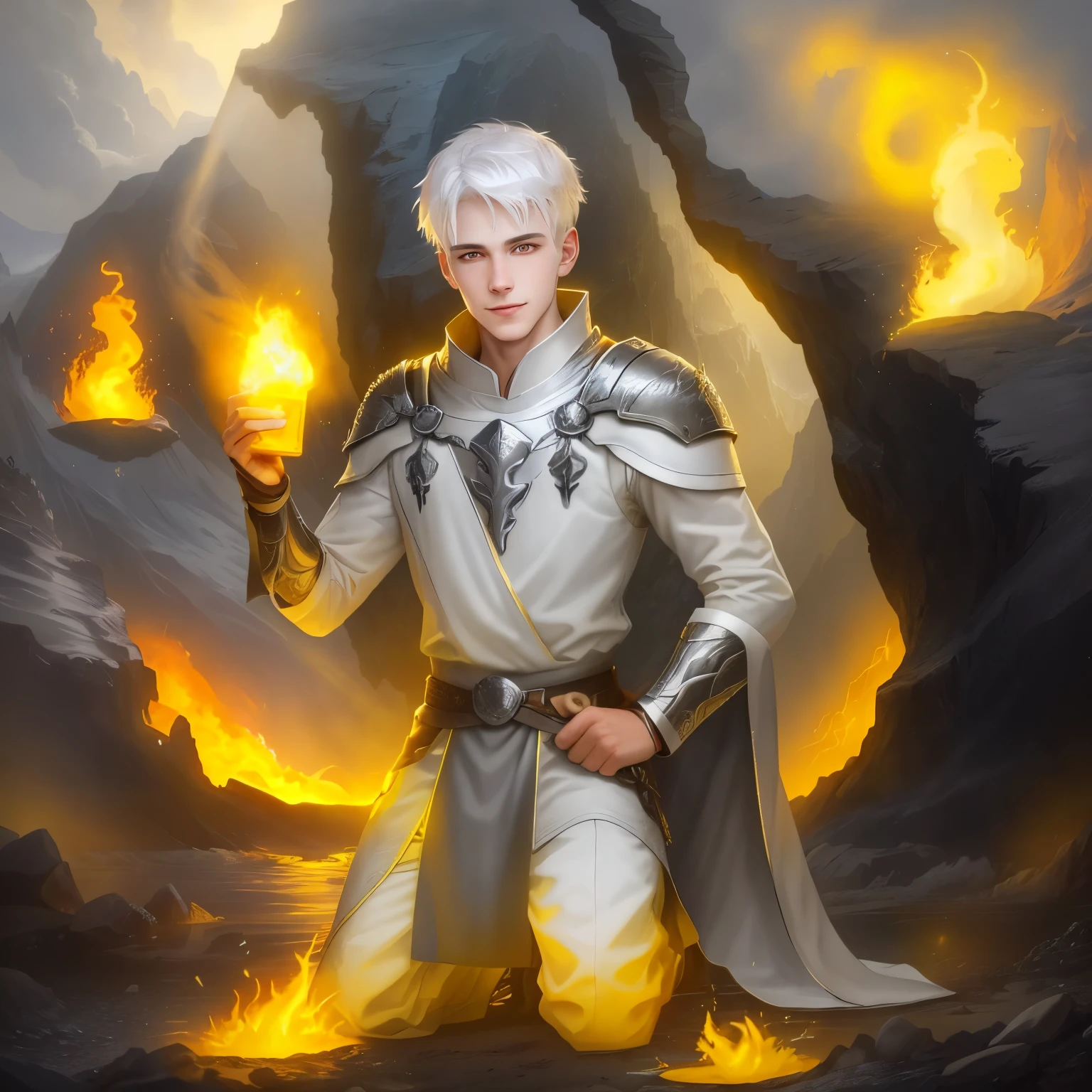 Photo of a guy with white hair and yellow eyes, High detail, Clarity, 8 cc, young guy, 18 years, light gray hair, short haircut, Yellow eyes, grin, fire crown, lava is everywhere, A huge cave, guy kneeling near the lake, realism, fantasy,