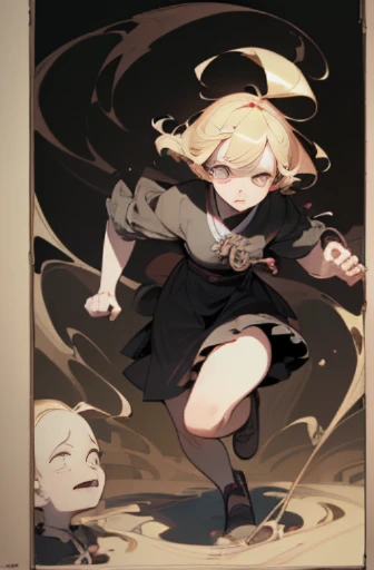 (,(masterpiece), (High resolution), (super delicate), (masterpiece: 1.2, highest quality), scribble, nightmare, doll-like face, cartoon style, rough sketch, Comic style illustration, Japanese painting, bust top,(snap shot), flat illustration, creepy appearance, unique atmosphere、(high top fade、fade cut)、blonde、running towards here