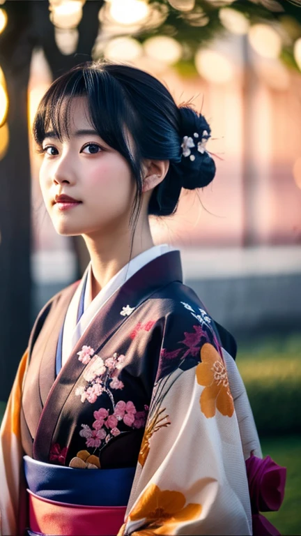 Beauty、kimono、cherry blossoms、black hair、、sunset、firework