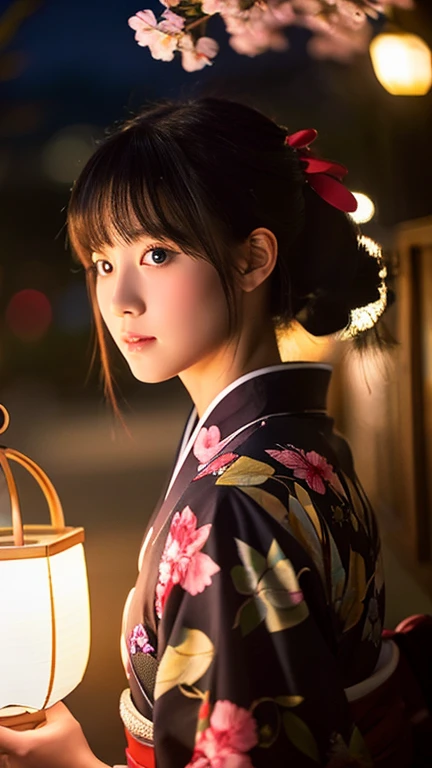 Beauty、kimono、cherry blossoms、black hair、、sunset、firework
