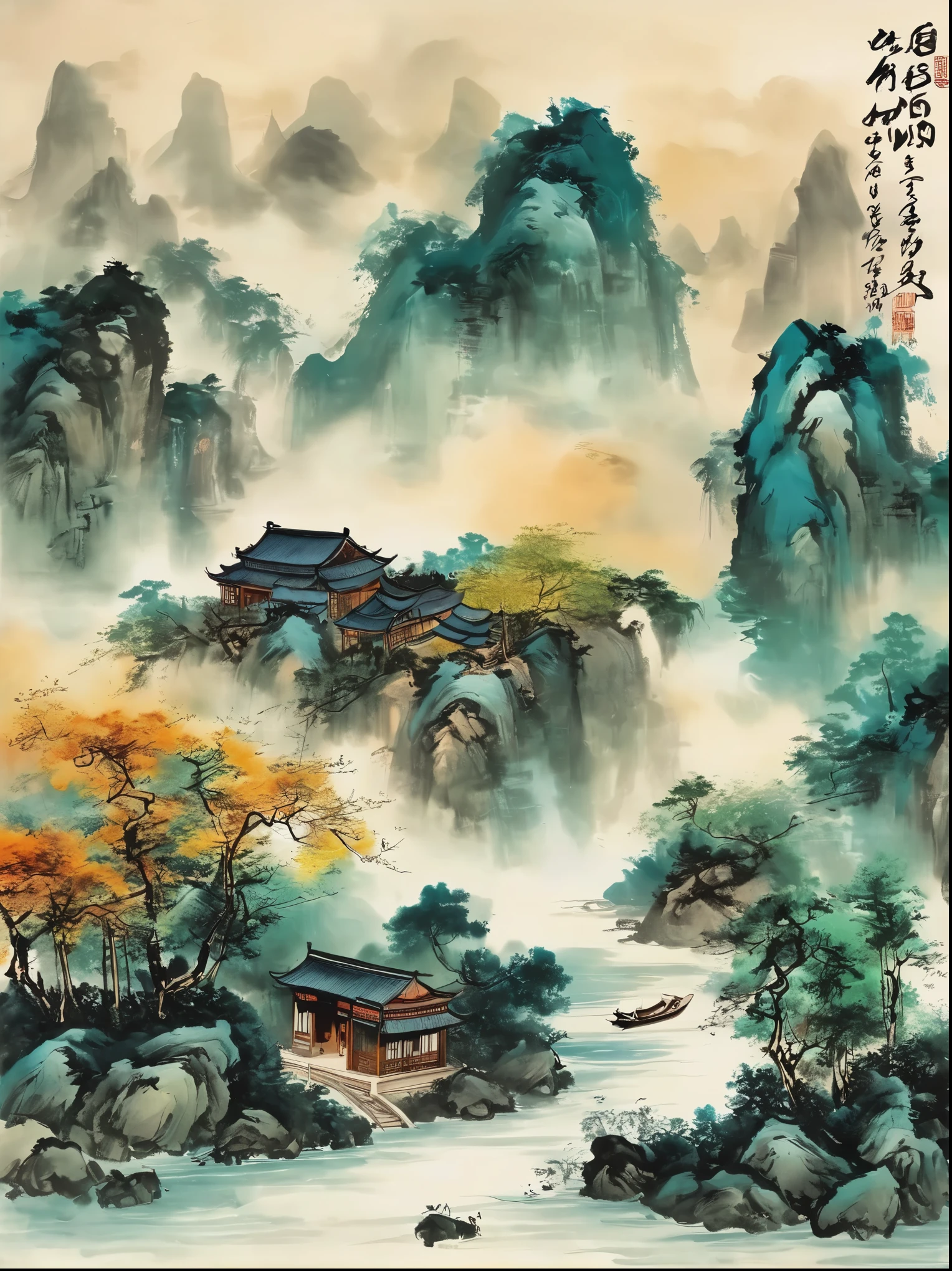 Qiman.com,  a river，There is a boat in the water，There is an island on a mountain, ink painting, Chinese style, 
