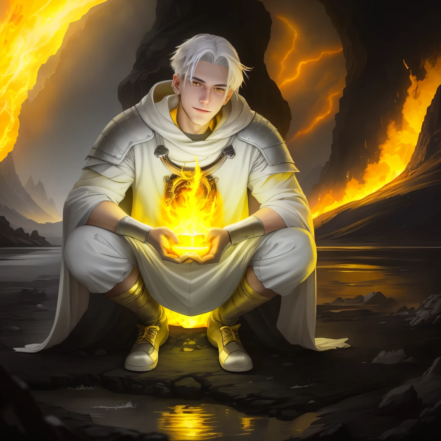Photo of a guy with white hair and yellow eyes, High detail, Clarity, 8 cc, young guy, 18 years, light gray hair, short haircut, Yellow eyes, grin, fire crown, lava is everywhere, A huge cave, guy kneeling near the lake, realism, fantasy,