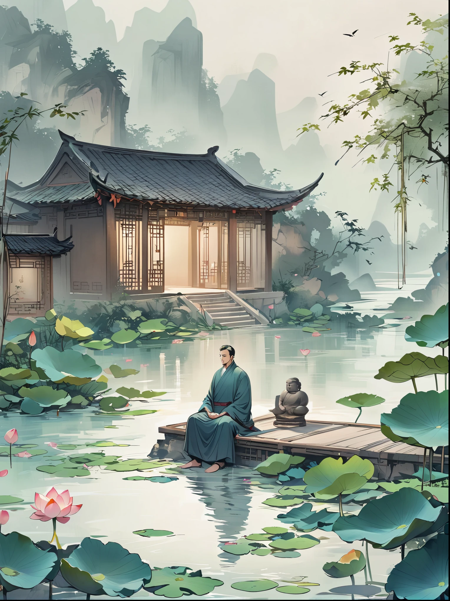 Chinese style mobile phone wallpaper, a Buddha statue in the misty lake at night with lotus flowers floating on top, a man sitting crosslegged under a bridge facing the viewer, in the style of HOURPyflamp, with a light green and dark gray background, simple, elegant, peaceful, high resolution.