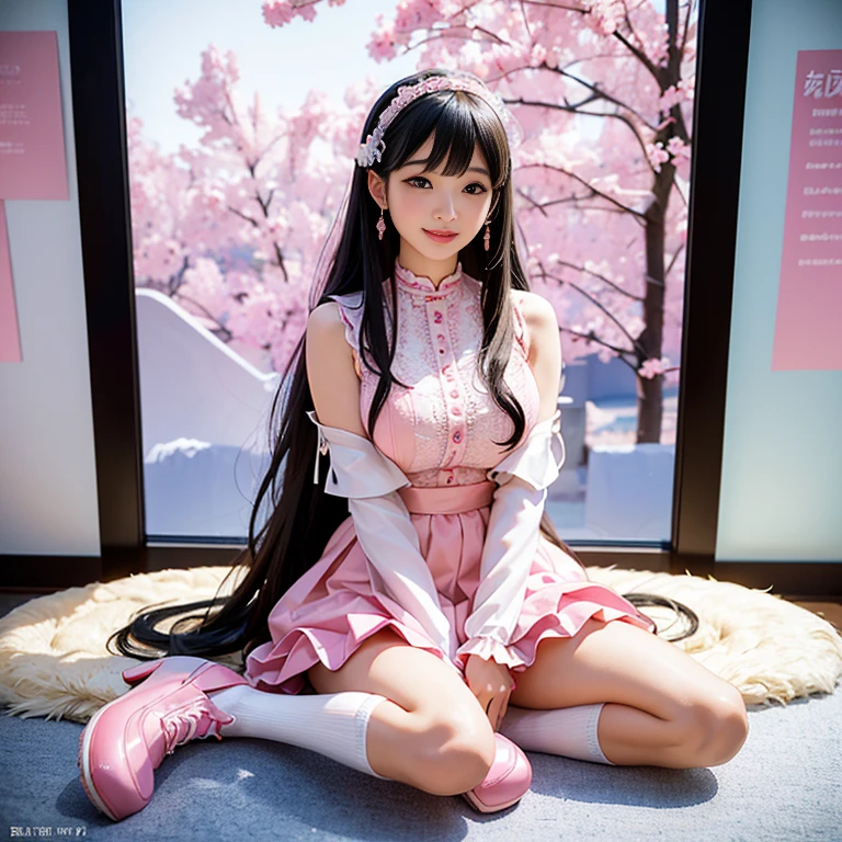 best quality, masterpiece, lifelike, 1 girl, alone, eternal, black hair, Long curly hair, blunt bangs, Smile, pink skirt, pink lolita dress, layered skirt, Lolita style long skirt,分層連衣裙 lace-trimmed 裙子, decorate, lace, long sleeve, puff sleeves, wide sleeves, Transparent sleeves, hair accessories, 在flower园里, flower, Detailed background, delicate face,pink blush,white及膝襪, Pink shoes,cold,Lots of lace,((masterpiece))、(top quality)、8K、high detail、super detailed、 21 years old female,穿着pink lolita dress((dreamy atmosphere:1.1))、Seductive and whimsical style、masterpiece、born、Scenes resembling fairy tale illustrations、intricate details展示了洛丽塔礼服的荷叶边和复杂的设计、capricious、 beautifully、Dream aesthetics、「𝓡𝓸𝓶𝓪𝓷𝓽𝓲𝓬、ethereal、charming、fickle、magic」、realism、Visual effect、FXAA、SSAO、shader、voiceless、ambient lighting、Tone mapping、High resolution、ultra high definition、megapixel、(8K resolution:1.10)、8K、8K resolution、high detail、intricate details、 (high quality:1.2、masterpiece:1.2、:1.21)、(21 years old female:1.21)、(興奮地Smile)、(Surrounded by the dreamy atmosphere of an amusement par色洛丽塔连衣裙、Her eyes were full of surprise and joy、I took a lot of geek photos、High heel、Model diagram,full-body shot,Knee-high white的 lace socks,Sweet Lolita,Normal 2 feet,Pink shoes,Baotou shoes,full-body shot,不要exposed你的手指,Emphasize the volume of the skirt,exposed,huge breasts,white,The skirt flew up,spread your legs,low cut,Expose panties,hair accessories,big skirt dress,Looking up diagonally, I can see my underwear.