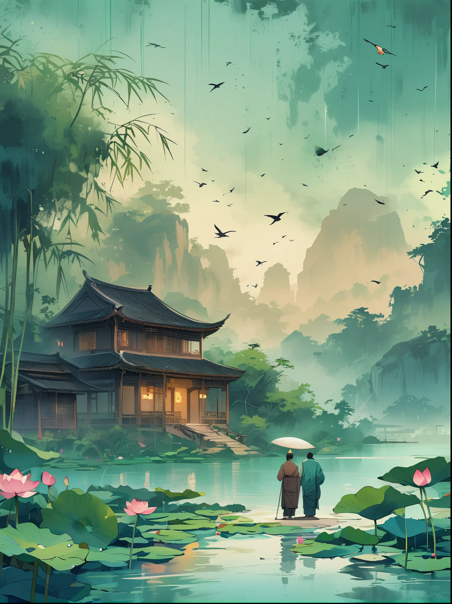 A large Buddha statue with an ancient man in front of it, lotus flowers blooming on the water surface and mist floating above the lake. The background uses a blue-green gradient color scheme in the style of a high definition wallpaper for a mobile phone screensaver design. It has a flat vector style and high resolution with large text layout.