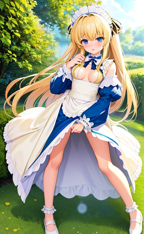 beautiful long blonde hair open your legs open your legs Shyness Watery eye night garden Tears overflow from my eyes small tits maid lift up skirt fullbody Low - Angle No panties peeing self